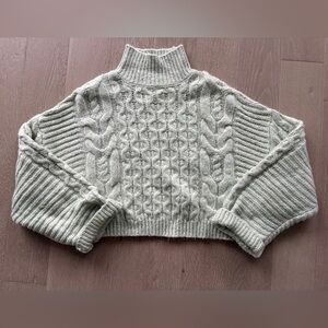 Topshop Cable Knit Cropped Turtleneck Sweater - Light Sage